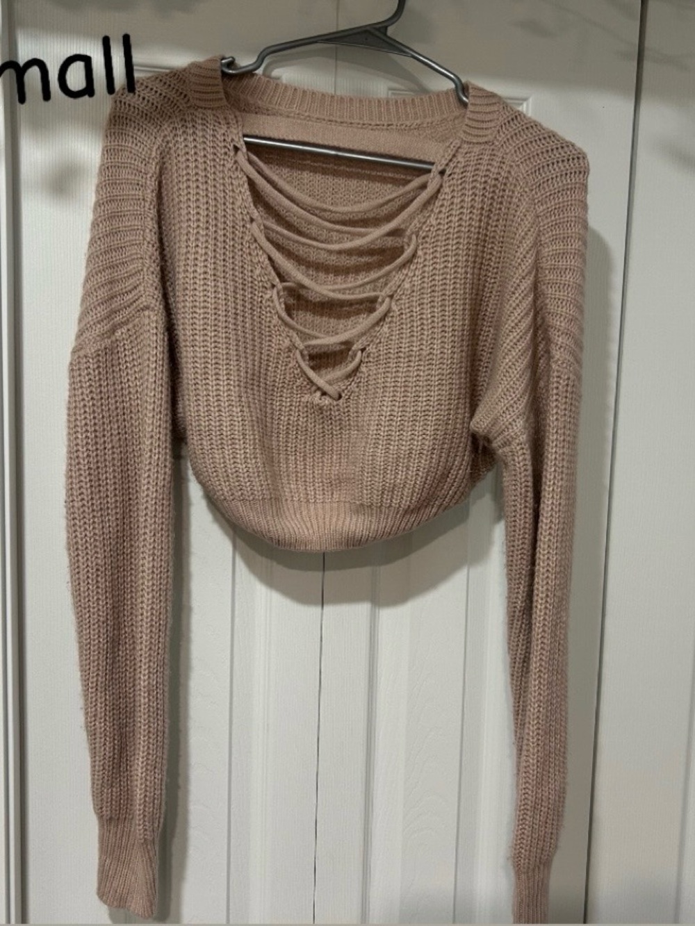 Soft Pink Lace-Up Cropped Knit Sweater - Women